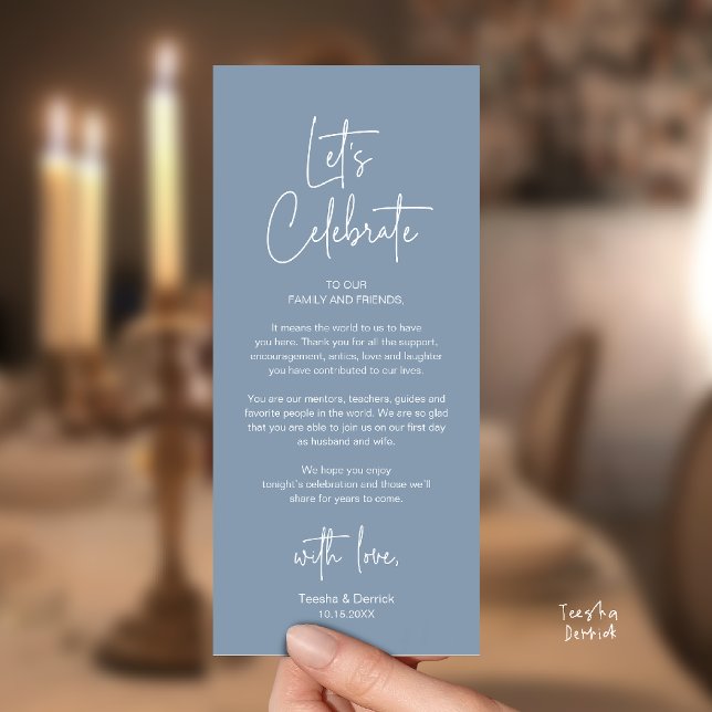 Tarjeta de agradecimiento para cena de recepción d (Modern Classy Wedding Reception Dinner Thank You Card in Dusty Blue)