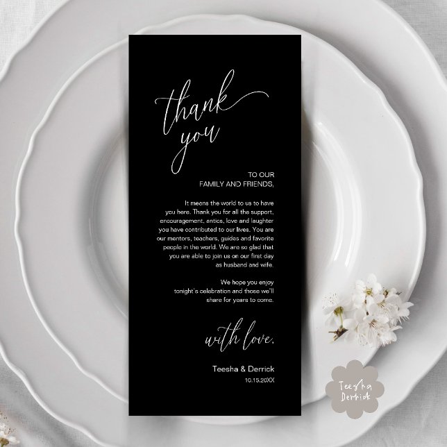 Tarjeta de agradecimiento para cena de recepción d (Modern Wedding Reception Dinner Thank You Card in Black and White)
