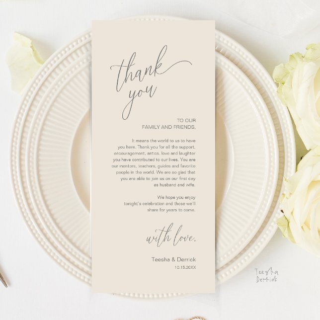Tarjeta de agradecimiento para cena de recepción d (Modern Wedding Reception Dinner Thank You Card in Cream and Grey)