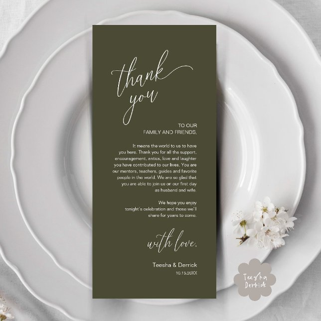 Tarjeta de agradecimiento para cena de recepción d (Modern Wedding Reception Dinner Thank You Card in Olive Green)