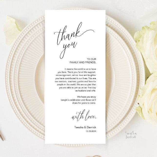 Tarjeta de agradecimiento para cena de recepción d (Modern Wedding Reception Dinner Thank You Card in Black and White)