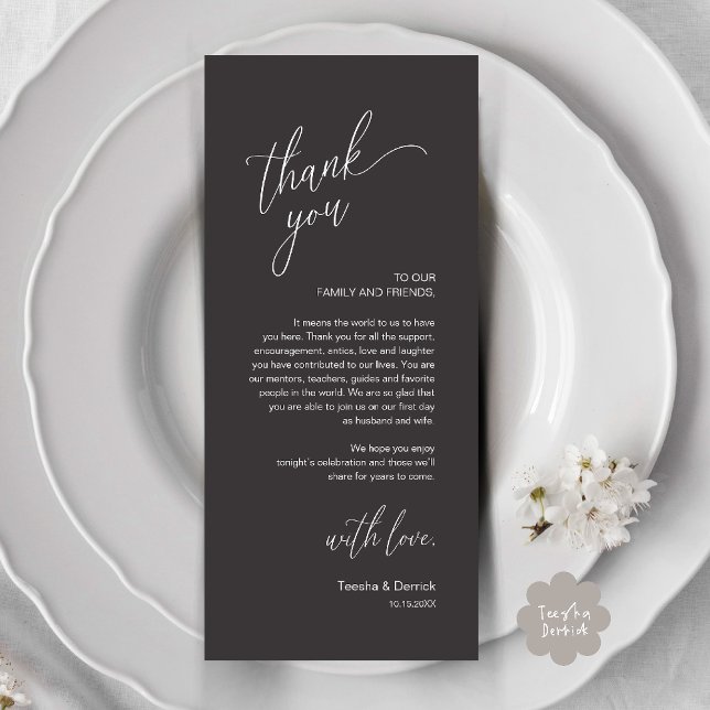 Tarjeta de agradecimiento para cena de recepción d (Modern Wedding Reception Dinner Thank You Card in Charcoal Grey)