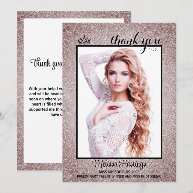 Tarjeta de agradecimiento para certamen de belleza (Anverso / Reverso)