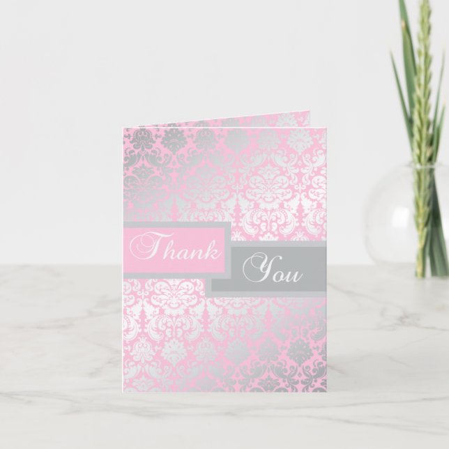 Tarjeta de agradecimiento para damasco rosa y gris (Anverso)