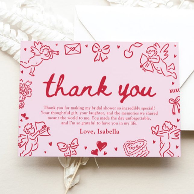 Tarjeta de agradecimiento para despedida de solter (Hand Drawn Valentine Bridal Shower Thank You Card)