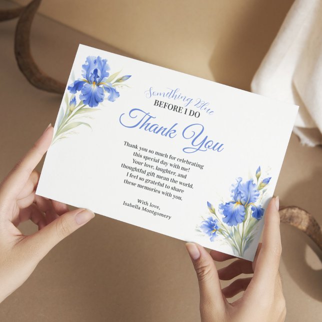 Tarjeta de agradecimiento para despedida de solter (Floral Something Blue Bridal Shower Thank You Card Horizontal)