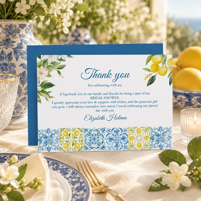 Tarjeta de agradecimiento para despedida de solter (Mediterranean Lemon Bridal Shower Thank You Card)