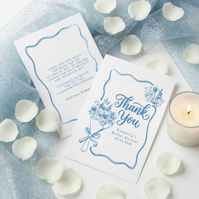 Tarjeta de agradecimiento para despedida de solter (Dusty Blue Bridal Shower Thank You Cards Fresh Off The Market)