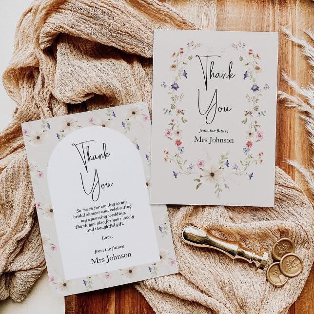 Tarjeta de agradecimiento para despedida de solter (Wildflowers Bridal Shower Thank You Card, Future Mrs Bridal Shower Card, Beige, wildflowers Wreath)
