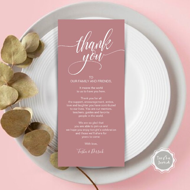 Tarjeta de Agradecimiento para el Almuerzo de Ensa (Wedding Dinner Place Setting Thank You Card, Modern Classy Elegant Script, Dusty Rose Pink)