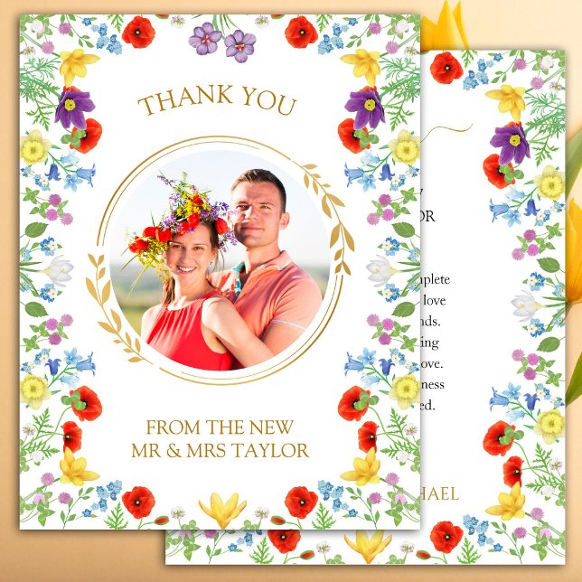 Tarjeta de agradecimiento para el Boda fotográfico (Wildflower White Photo Wedding Thank You Card)