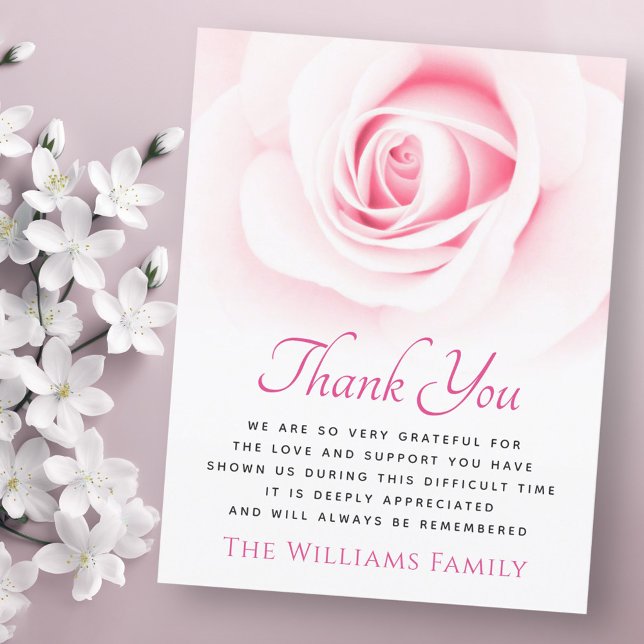 Tarjeta de agradecimiento para el funeral de rosa  (Pink rose funeral sympathy thank you card)