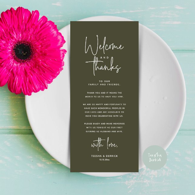 Tarjeta de agradecimiento para el lugar de bienven (Welcome and Thanks Modern Wedding Dinner Place Setting Thank You Card in Olive Green)