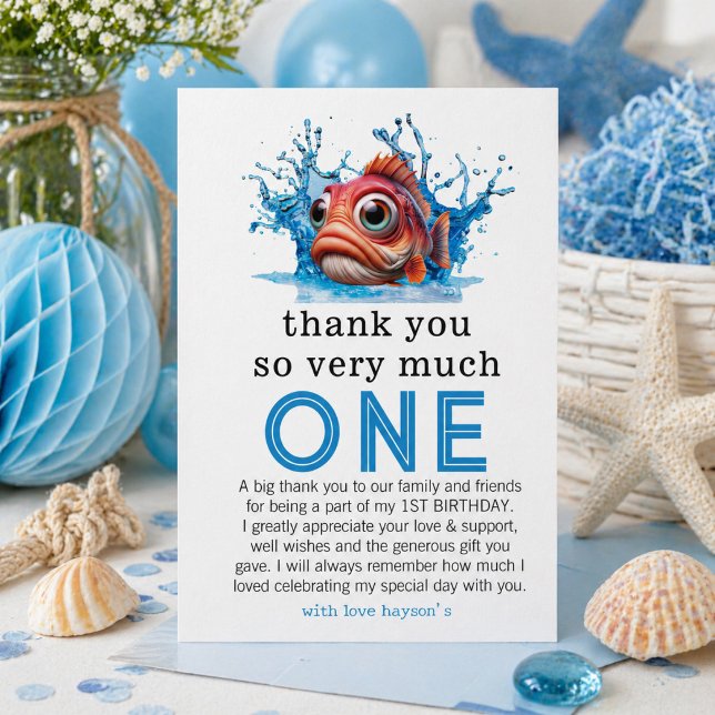 tarjeta de agradecimiento para el primer cumpleaño (water blue fish 1st birthday thank you card! card)