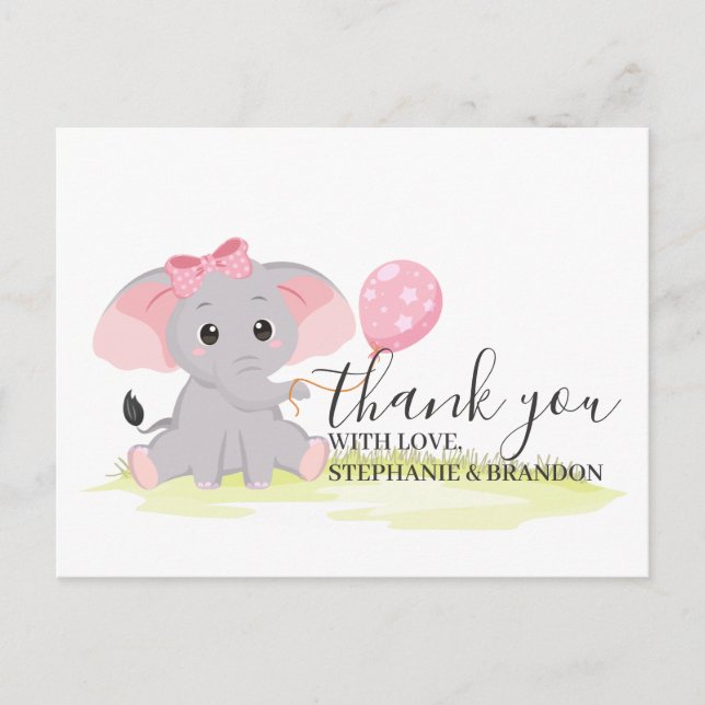 Tarjeta de agradecimiento para elefante rosa lindo (Anverso)