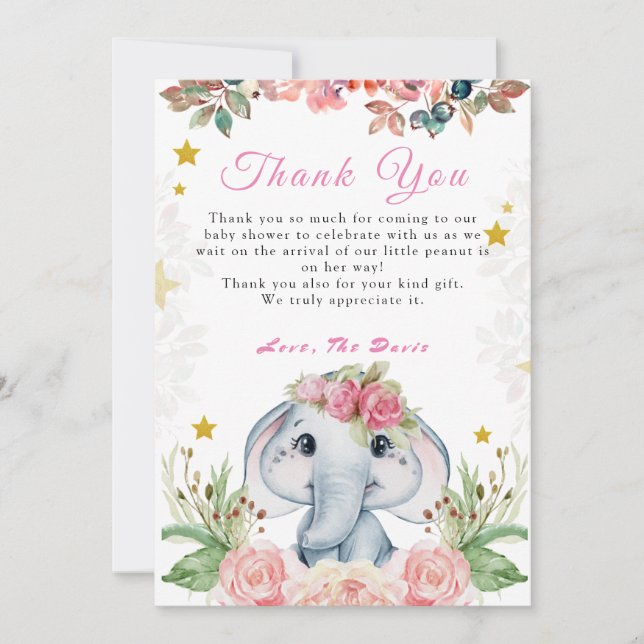 Tarjeta de agradecimiento para Elephant Baby Showe (Anverso)