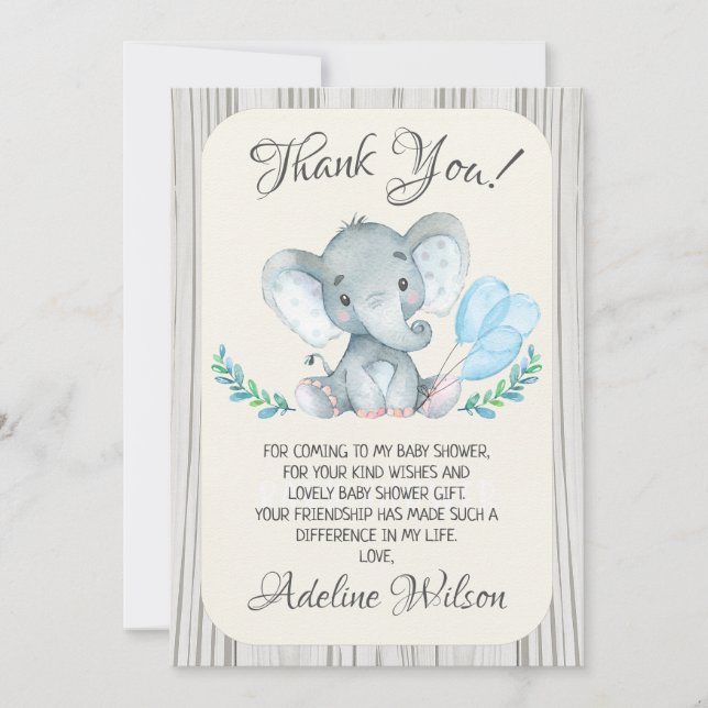 Tarjeta de agradecimiento para Elephant Baby Showe (Anverso)