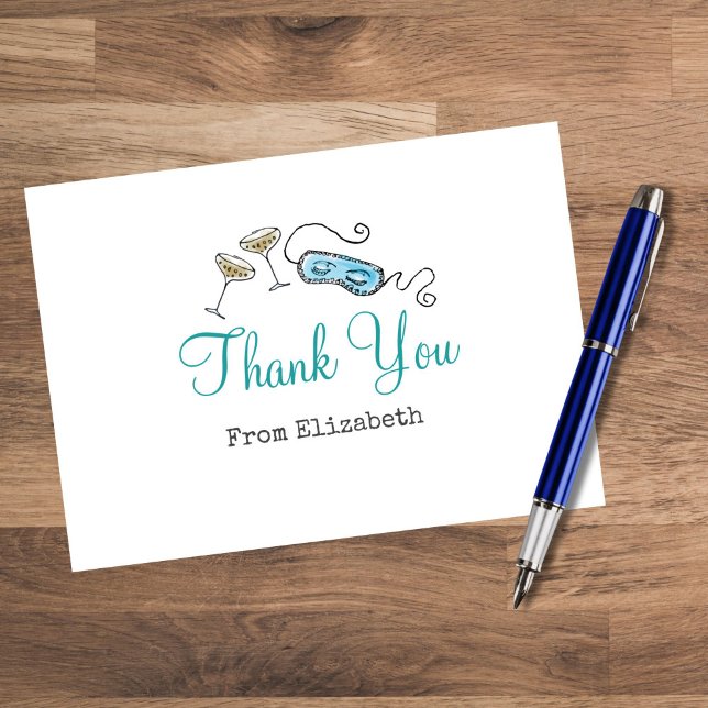 Tarjeta de agradecimiento para fiesta de cóctel re (Champagne coupes, an eye mask, and retro typography give this glam 1960s thank you card flair.)