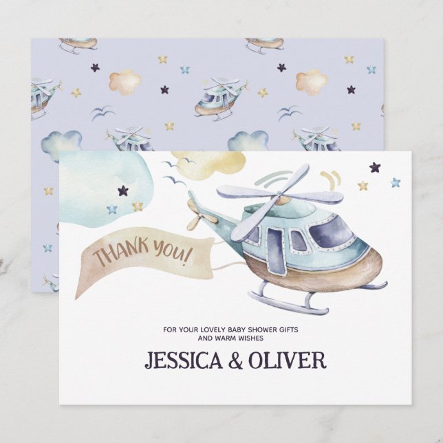 Tarjeta de agradecimiento para fiesta de helicópte (Anverso / Reverso)