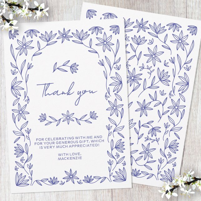 Tarjeta de agradecimiento para fiesta de novia flo (Mediterranean blue white line art flower arch design personalized bridal shower thank you card)