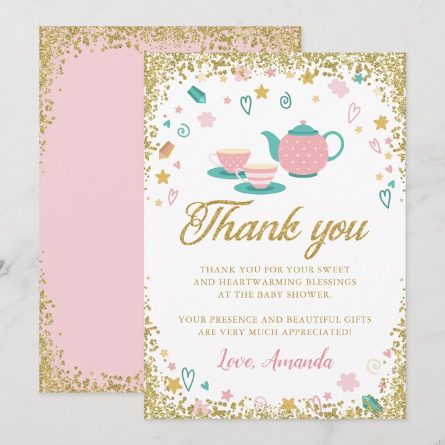 Tarjeta de agradecimiento para fiesta de té con pu (Anverso / Reverso)