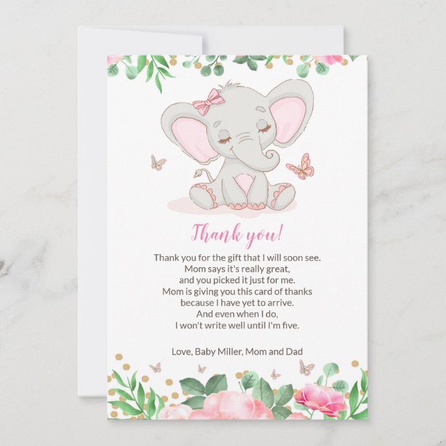 Tarjeta de agradecimiento para Floral Pink Elephan (Anverso)