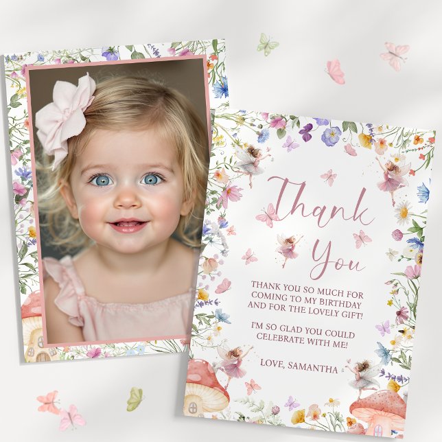 Tarjeta de agradecimiento para foto de cumpleaños  (Wildflower Fairy Garden 1st Birthday Photo Thank You Card)