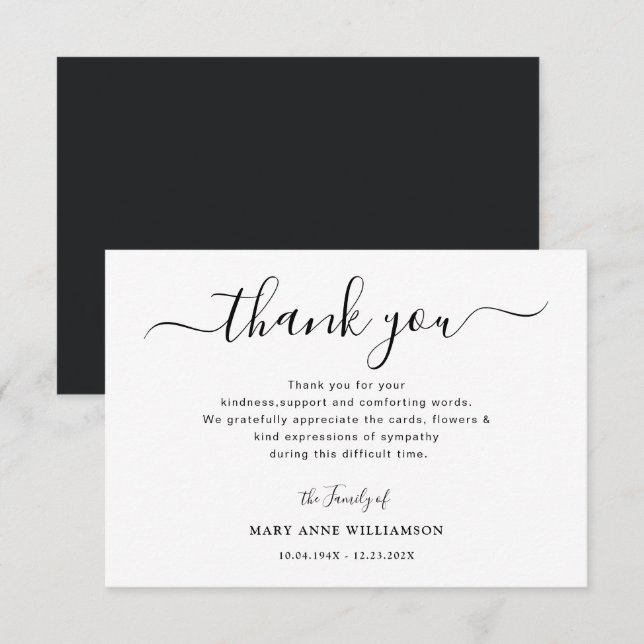 Tarjeta de agradecimiento para funeral con letra s (Anverso / Reverso)