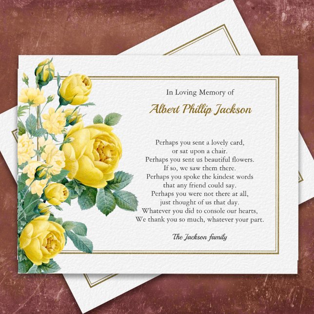 Tarjeta de agradecimiento para funeral de simpatía (Elegant Yellow Rose Bereavement Memorial Sympathy Funeral Thank You Card)