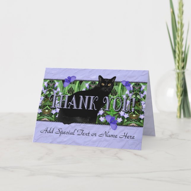 Tarjeta de agradecimiento para gato negro y flores (Anverso)
