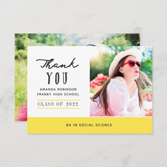 Tarjeta de agradecimiento para graduación amarilla (Anverso / Reverso)