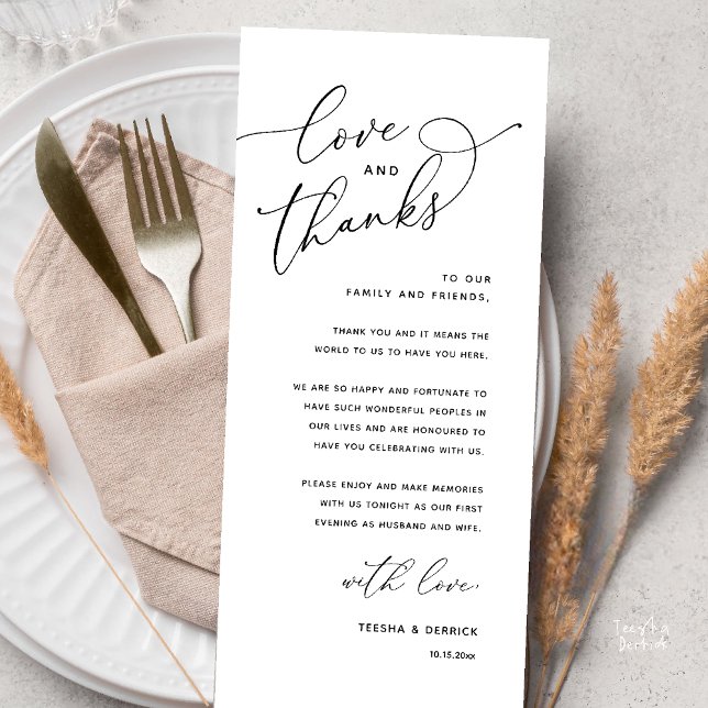 Tarjeta de agradecimiento para la cena de boda, Am (Love and Thanks, Wedding Romantic Reception Thank You Card in Black and White)