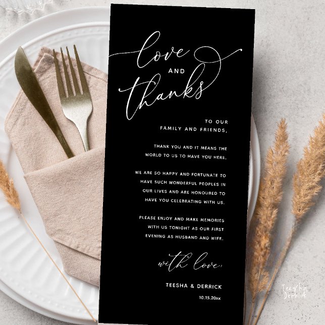 Tarjeta de agradecimiento para la cena de boda, Am (Love and Thanks, Wedding Romantic Reception Thank You Card in Black and White)