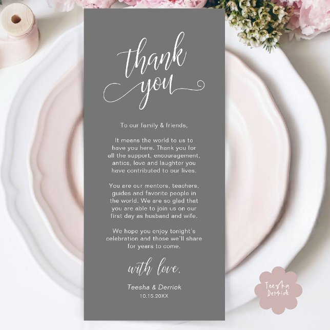 Tarjeta de agradecimiento para la cena de boda ele (Classy Wedding Dinner Place Setting Thank You Card in Grey)