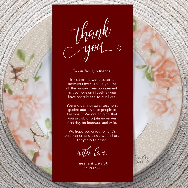 Tarjeta de agradecimiento para la cena de boda ele (Classy Wedding Dinner Place Setting Thank You Card in Burgundy Wine Red)