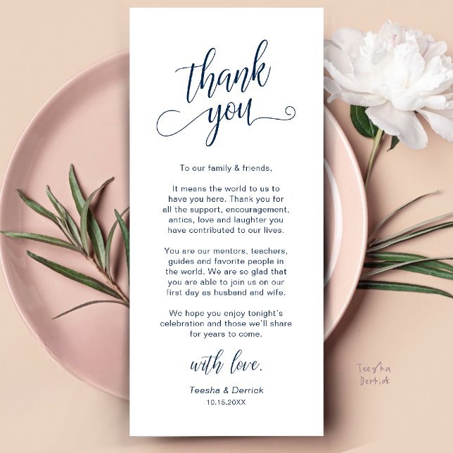 Tarjeta de agradecimiento para la cena de boda ele (Classy Wedding Dinner Place Setting Thank You Card in Navy Blue)