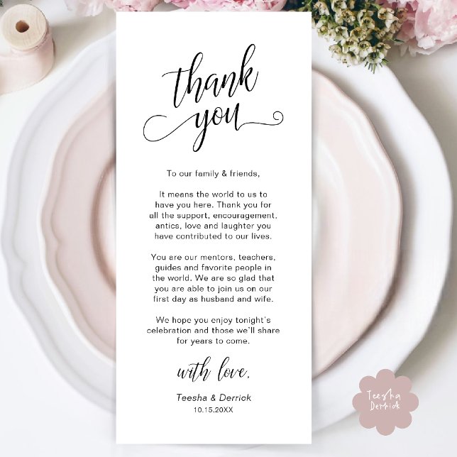 Tarjeta de agradecimiento para la cena de boda ele (Classy Wedding Dinner Place Setting Thank You Card in Black and White)
