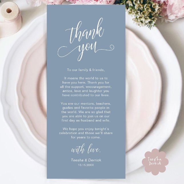 Tarjeta de agradecimiento para la cena de boda ele (Classy Wedding Dinner Place Setting Thank You Card in Dusty Blue)