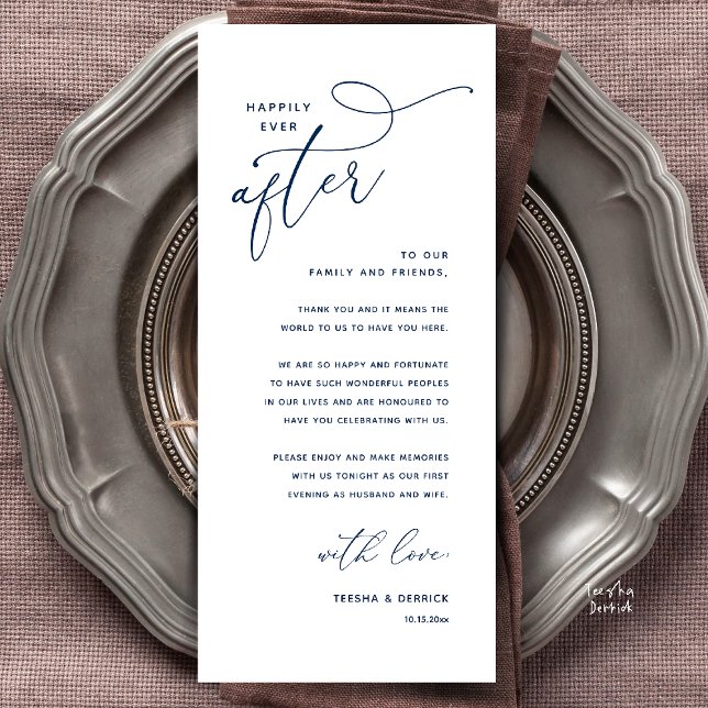 Tarjeta de agradecimiento para la cena de boda Fel (Welcome and Thanks, Happily Ever After Modern Wedding Dinner Thank You Card in Classy Navy Blue)