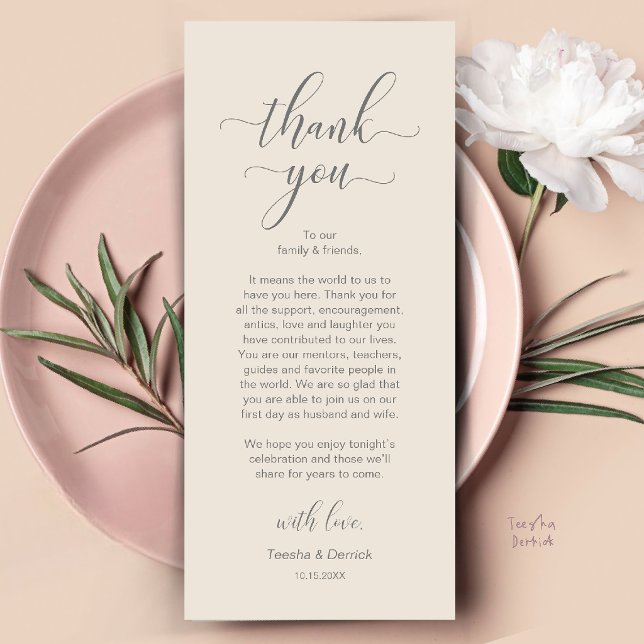 Tarjeta de agradecimiento para la cena de boda mod (Modern Wedding Dinner Place Setting Thank You Card in Cream and Grey)