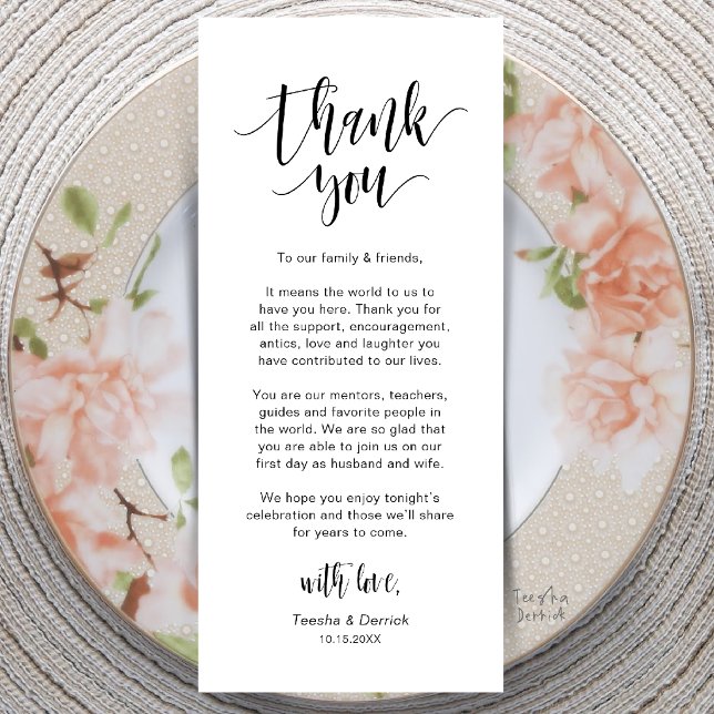 Tarjeta de agradecimiento para la cena de boda mod (Modern Wedding Dinner Place Setting Thank You Card in Black and White)