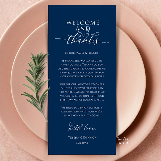 Tarjeta de agradecimiento para la cena de boda mod (Modern Wedding Dinner Place Setting Thank You Card in navy blue)