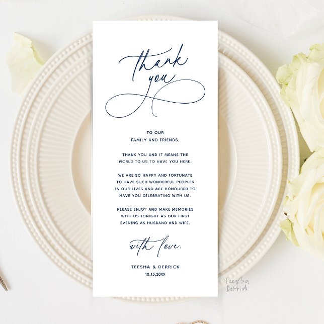 Tarjeta de agradecimiento para la cena de la boda  (Romantic Wedding Place Setting Thank You Card in Navy Blue)
