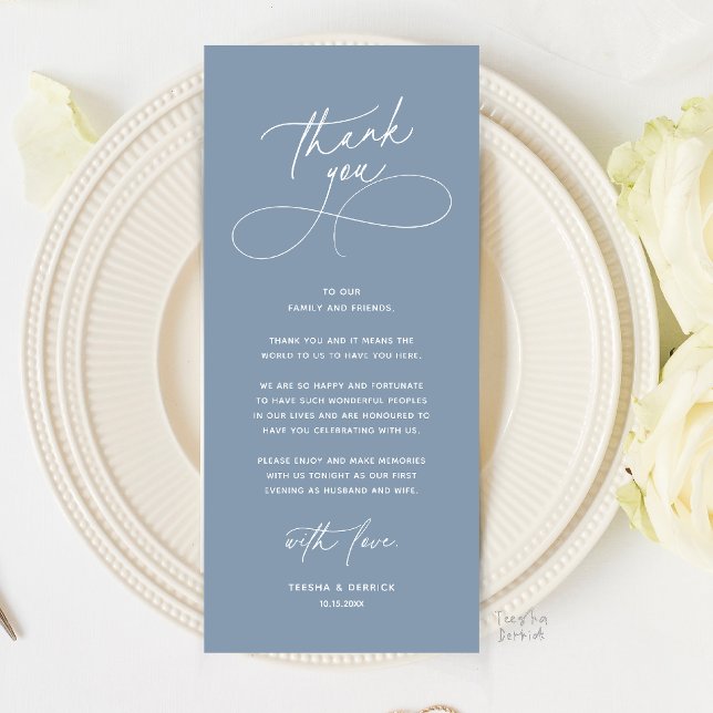 Tarjeta de agradecimiento para la cena de la boda  (Romantic Wedding Place Setting Thank You Card in Dusty Blue)
