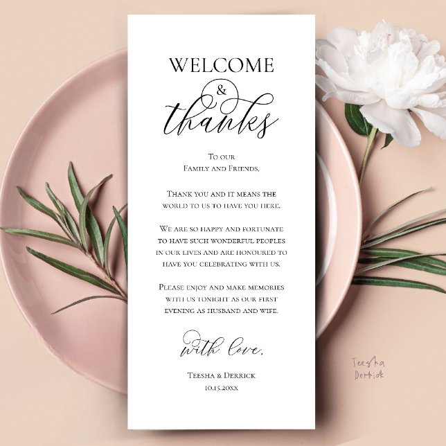 Tarjeta de agradecimiento para la cena de recepció (Welcome and Thanks Reception Dinner Thank You Card in Black and White)