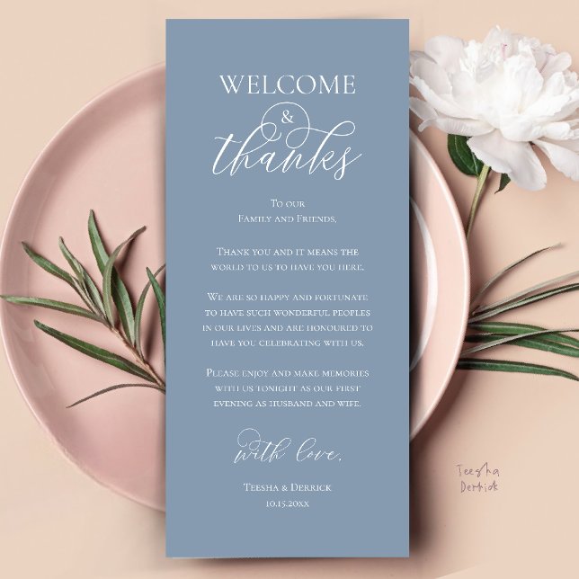 Tarjeta de agradecimiento para la cena de recepció (Welcome and Thanks Reception Dinner Thank You Card in Dusty Blue)