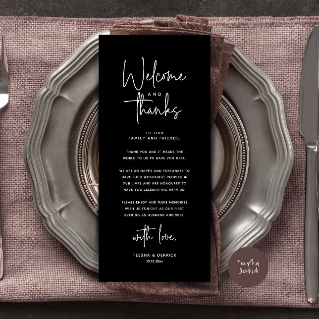 Tarjeta de agradecimiento para la colocación del l (Welcome and Thanks Modern Wedding Dinner Place Setting Thank You Card in Classy Black)