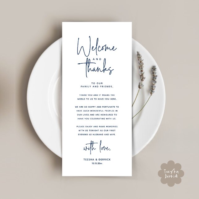 Tarjeta de agradecimiento para la colocación del l (Welcome and Thanks Modern Wedding Dinner Place Setting Thank You Card in Navy Blue)