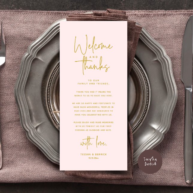 Tarjeta de agradecimiento para la colocación del l (Welcome and Thanks Modern Wedding Dinner Place Setting Thank You Card in Gold Blush)
