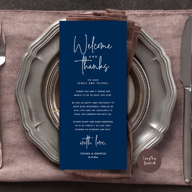 Tarjeta de agradecimiento para la colocación en la (Welcome and Thanks Modern Wedding Dinner Place Setting Thank You Card in Navy Blue)